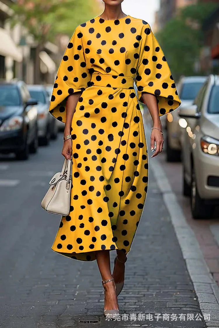 Yellow Women's Batwing Sleeve Long Dress — Yvonne Wrap Style Bohemian - Front Polka
