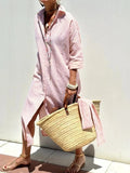 Women's Striped Beach Dress with Button Front — Demi Long Sleeve Relaxed