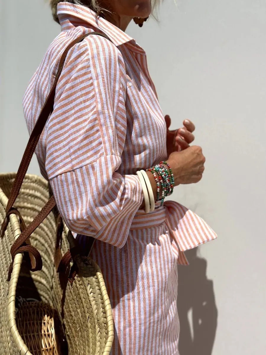 Pink Women's Striped Beach Dress with Button Front — Demi Long Sleeve Relaxed - Side Detail