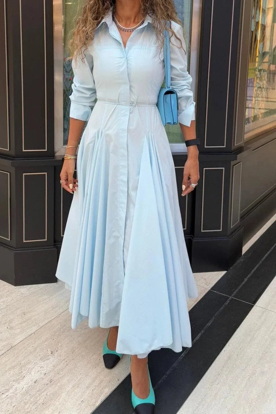 Light Blue Women's Button-Up Maxi Shirt Dress — Tabitha Belted Collared Long Sleeve - Front Styled