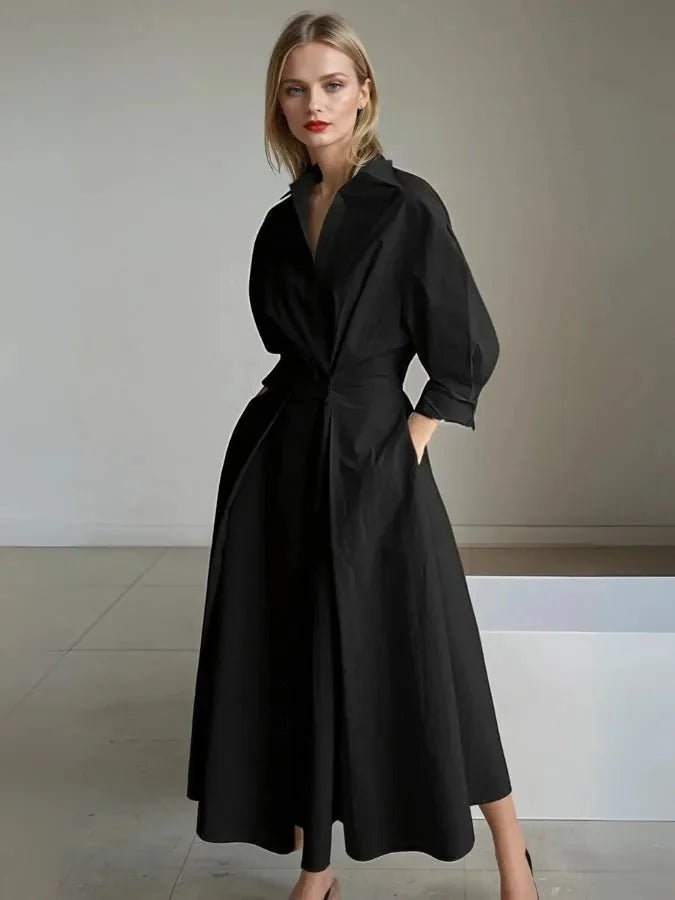 Black Women's Belted Maxi Shirt Dress — Adeline Button-Front Long Sleeve - Model Pose