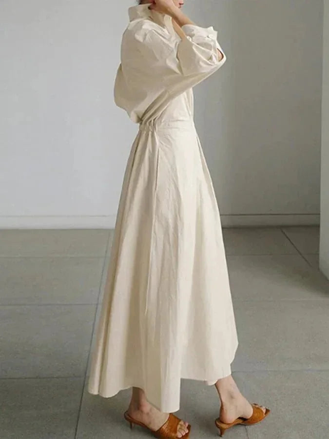 Cream Women's Belted Maxi Shirt Dress with Long Sleeves — Hazel Collared Button-Front - Back Detail