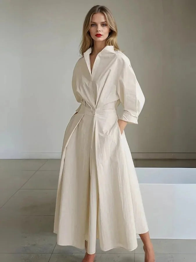 Cream Women's Belted Maxi Shirt Dress with Long Sleeves — Hazel Collared Button-Front - Front Full
