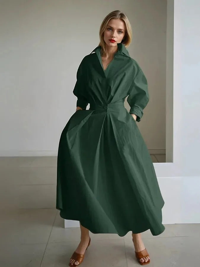 Dark Green Women's Belted Maxi Shirt Dress — Adeline Button-Front Long Sleeve - Front Lifestyle
