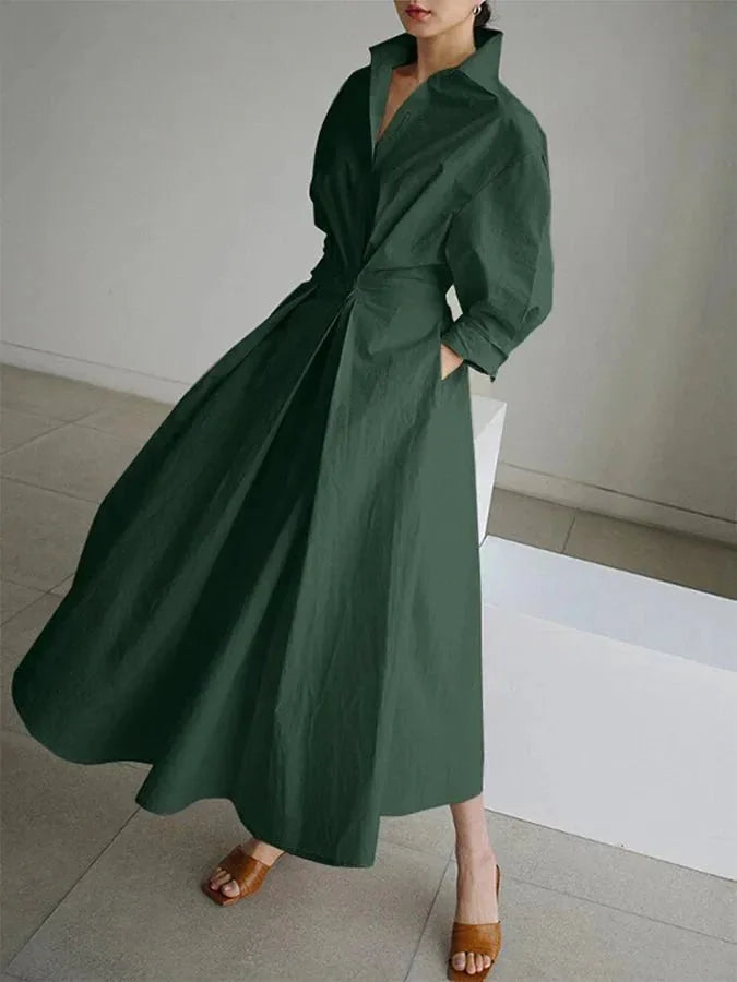 Dark Green Women's Belted Maxi Shirt Dress — Adeline Button-Front Long Sleeve - Side Walking
