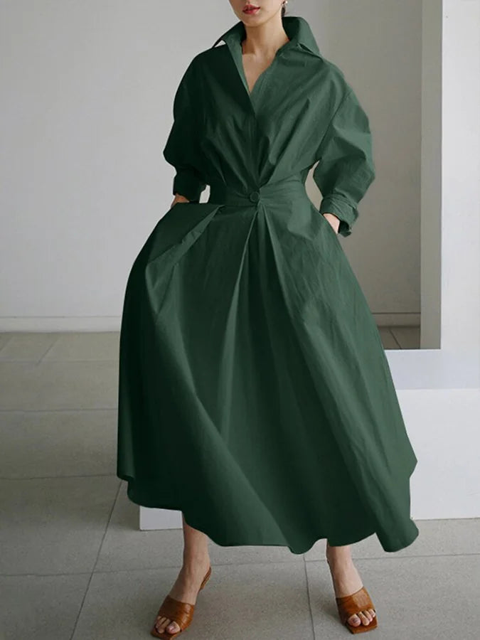 Army Women's Button-Front Belted Shirt Maxi Dress — Melissa Long Sleeve Collared - Green Front Full Standing