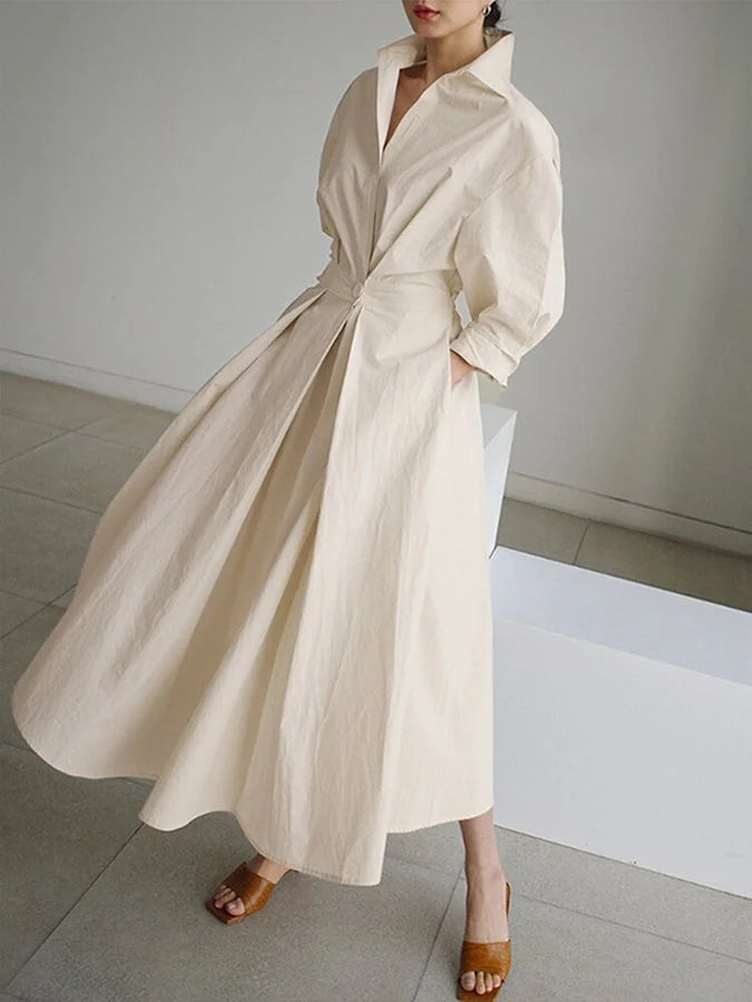 Beige Women's Button-Front Belted Shirt Maxi Dress — Melissa Long Sleeve Collared - Front Full