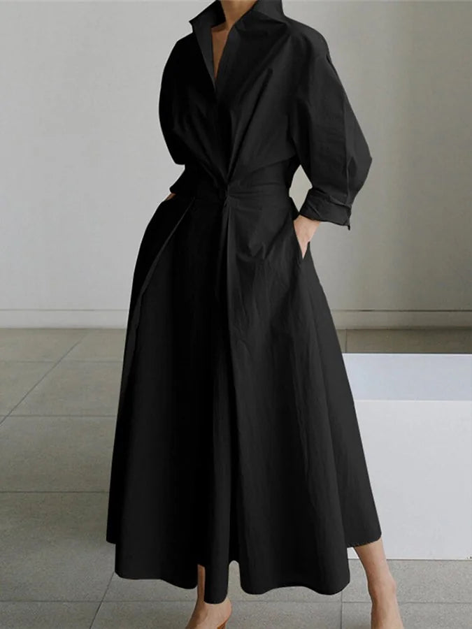 Black Women's Button-Front Belted Shirt Maxi Dress — Melissa Long Sleeve Collared - Front Standing
