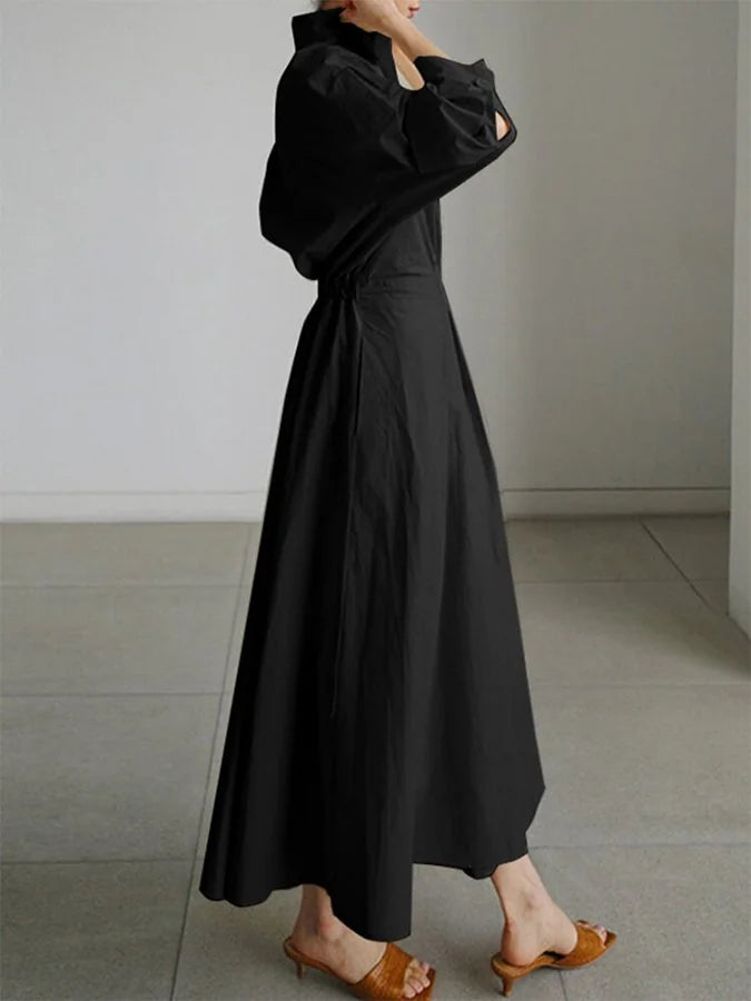 Black Women's Button-Front Belted Shirt Maxi Dress — Melissa Long Sleeve Collared - Side Pose