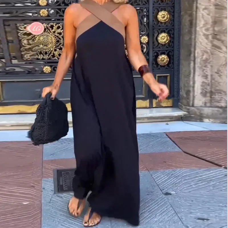 Ivy | Elegant Black and White Halter Crossover Maxi Dress - Black - 8