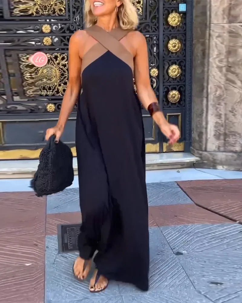 Ivy | Elegant Black and White Halter Crossover Maxi Dress - Black - 9