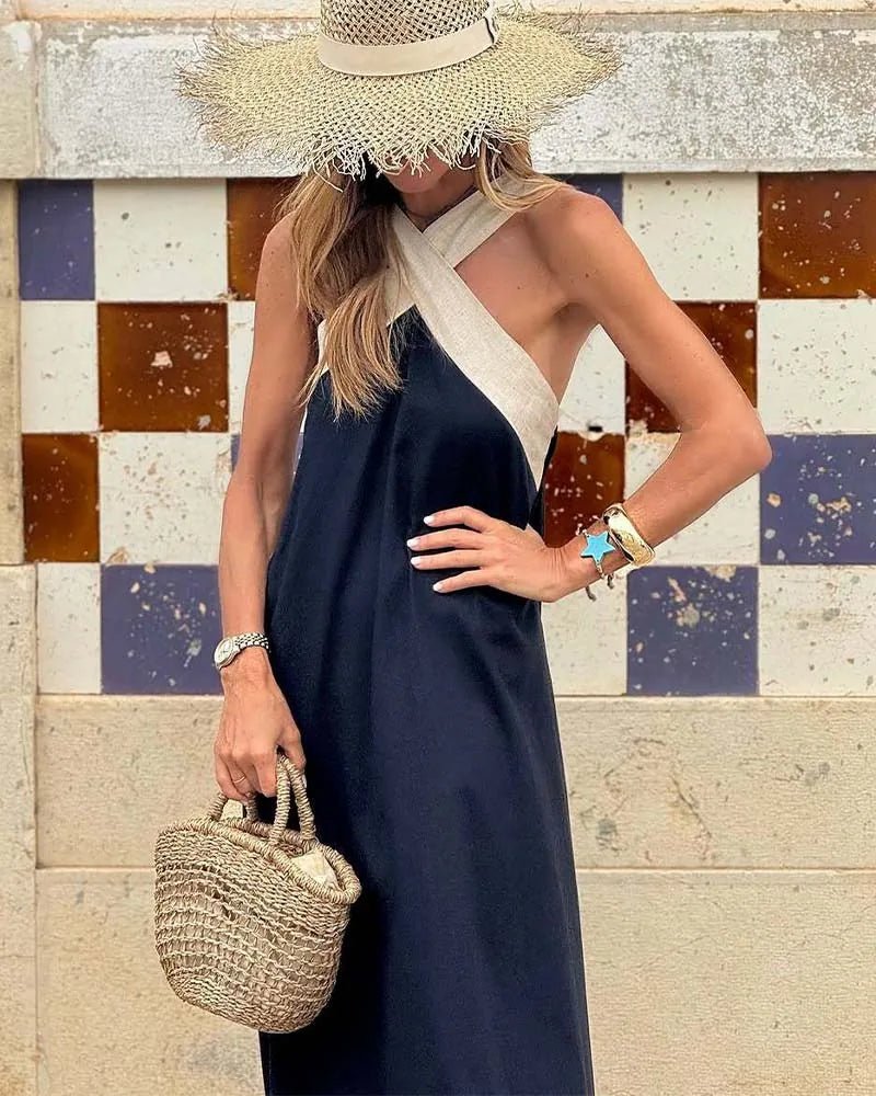 Ivy | Elegant Black and White Halter Crossover Maxi Dress - Black - 10
