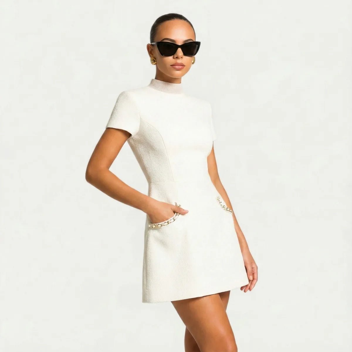 Celeste | Chic Black and White Pearl Trim Mini Dress - White - 5