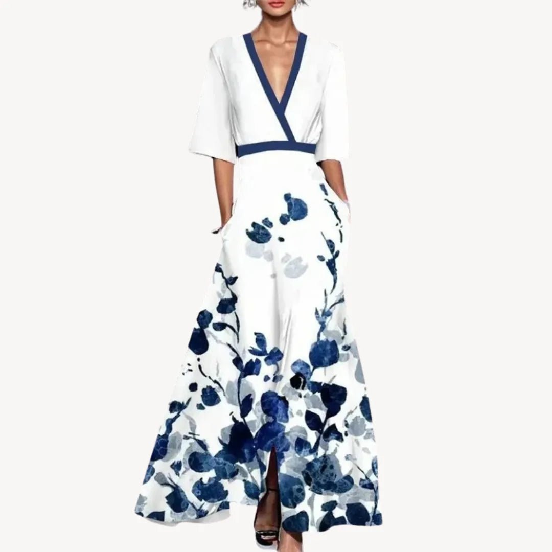 Sophia | Elegant Black And White Dress With V - Neck Wrap Style - Light Blue - 4