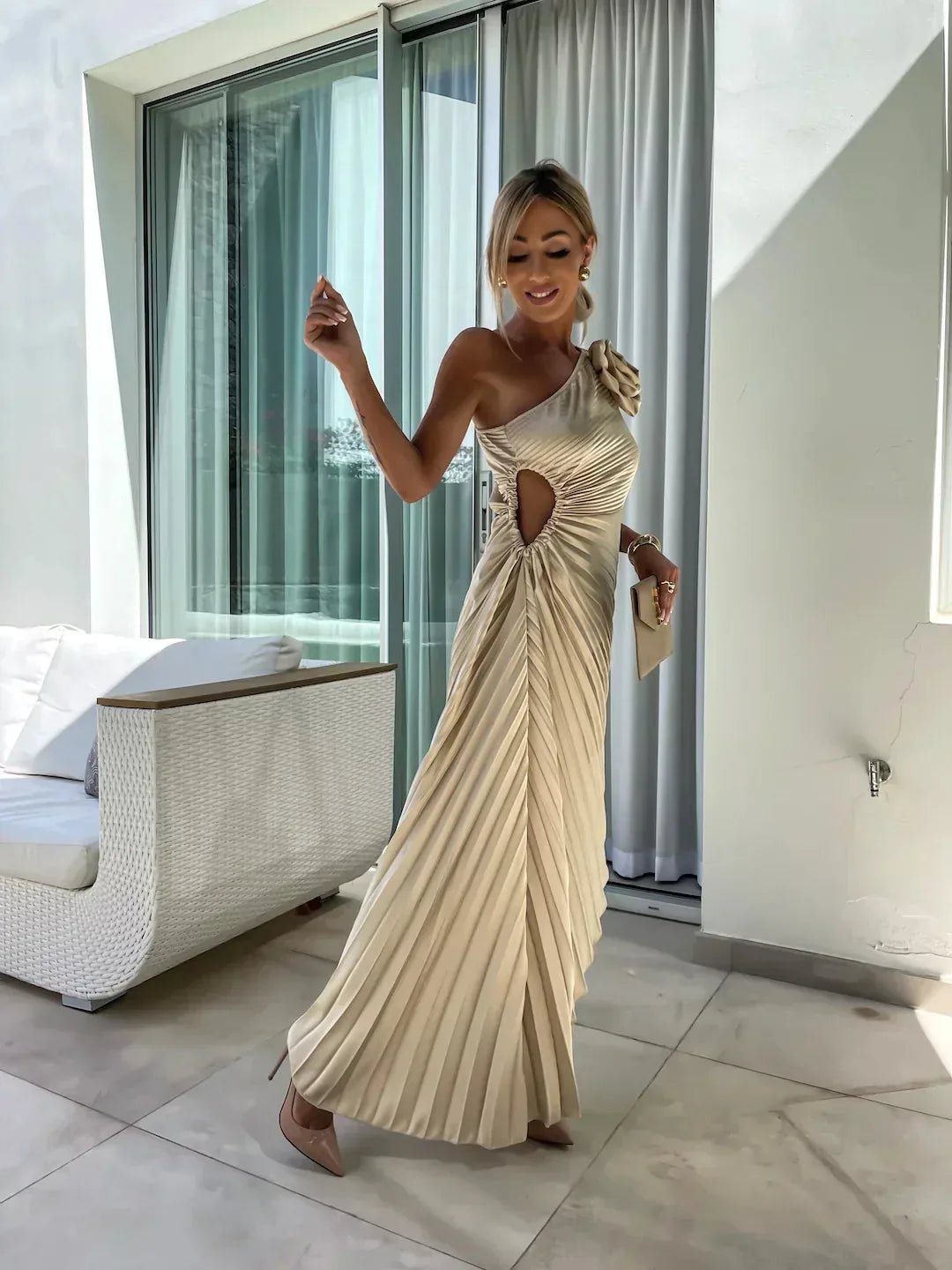Nadia | Chic Black Tie Wedding Guest Dress One Shoulder Pleated - Beige - 13