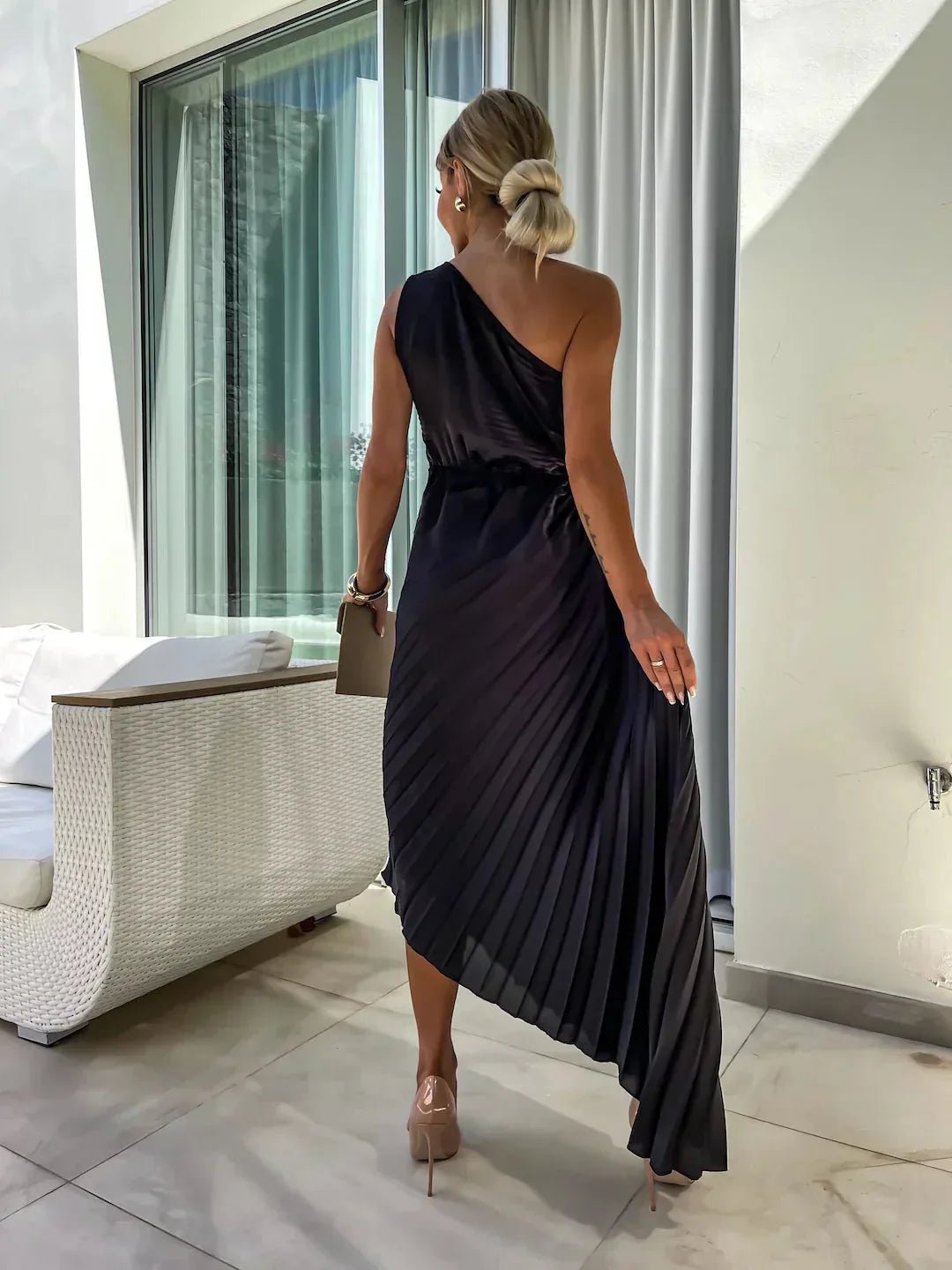 Nadia | Chic Black Tie Wedding Guest Dress One Shoulder Pleated - Black - 10