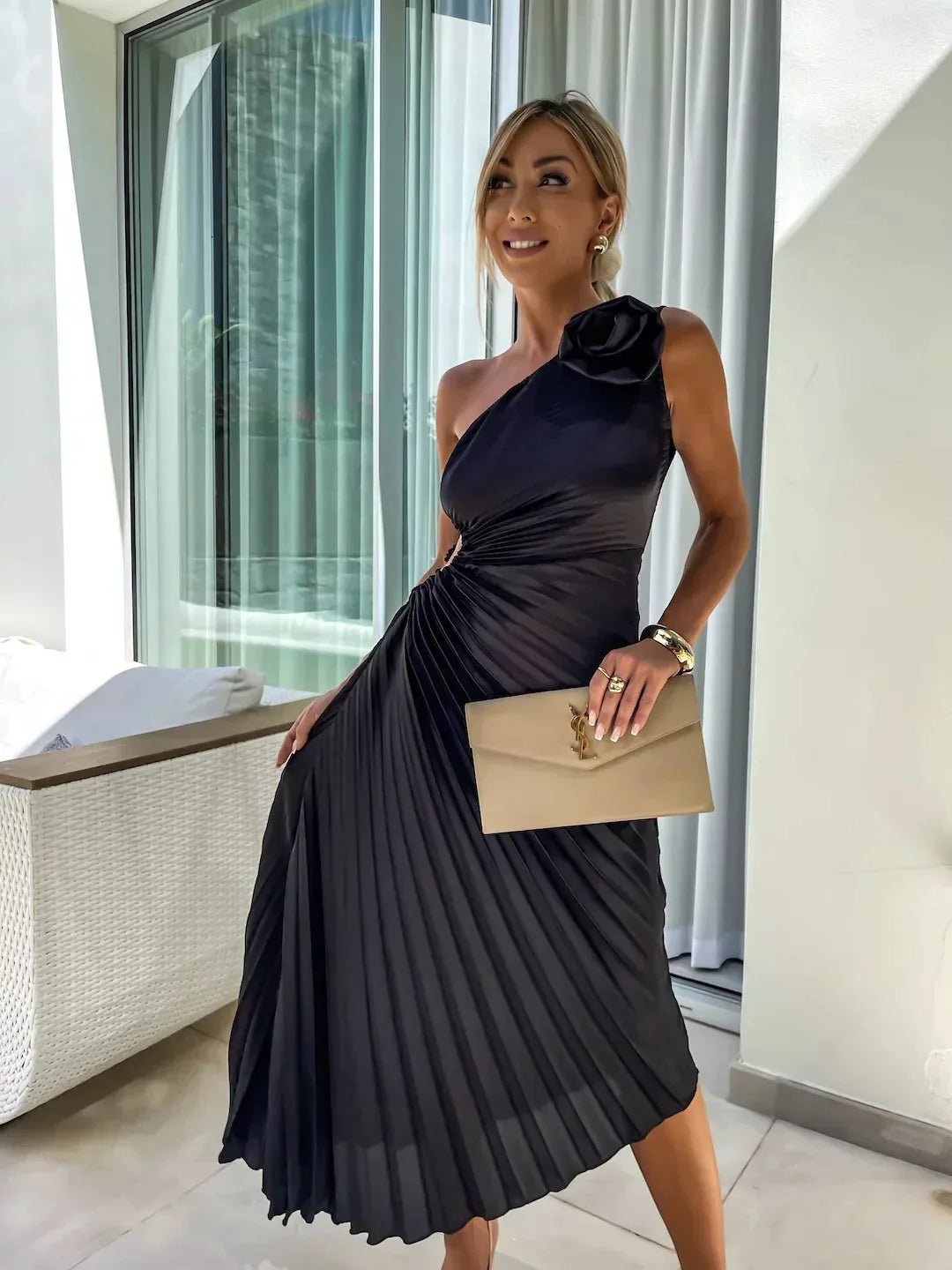 Nadia | Chic Black Tie Wedding Guest Dress One Shoulder Pleated - Black - 9