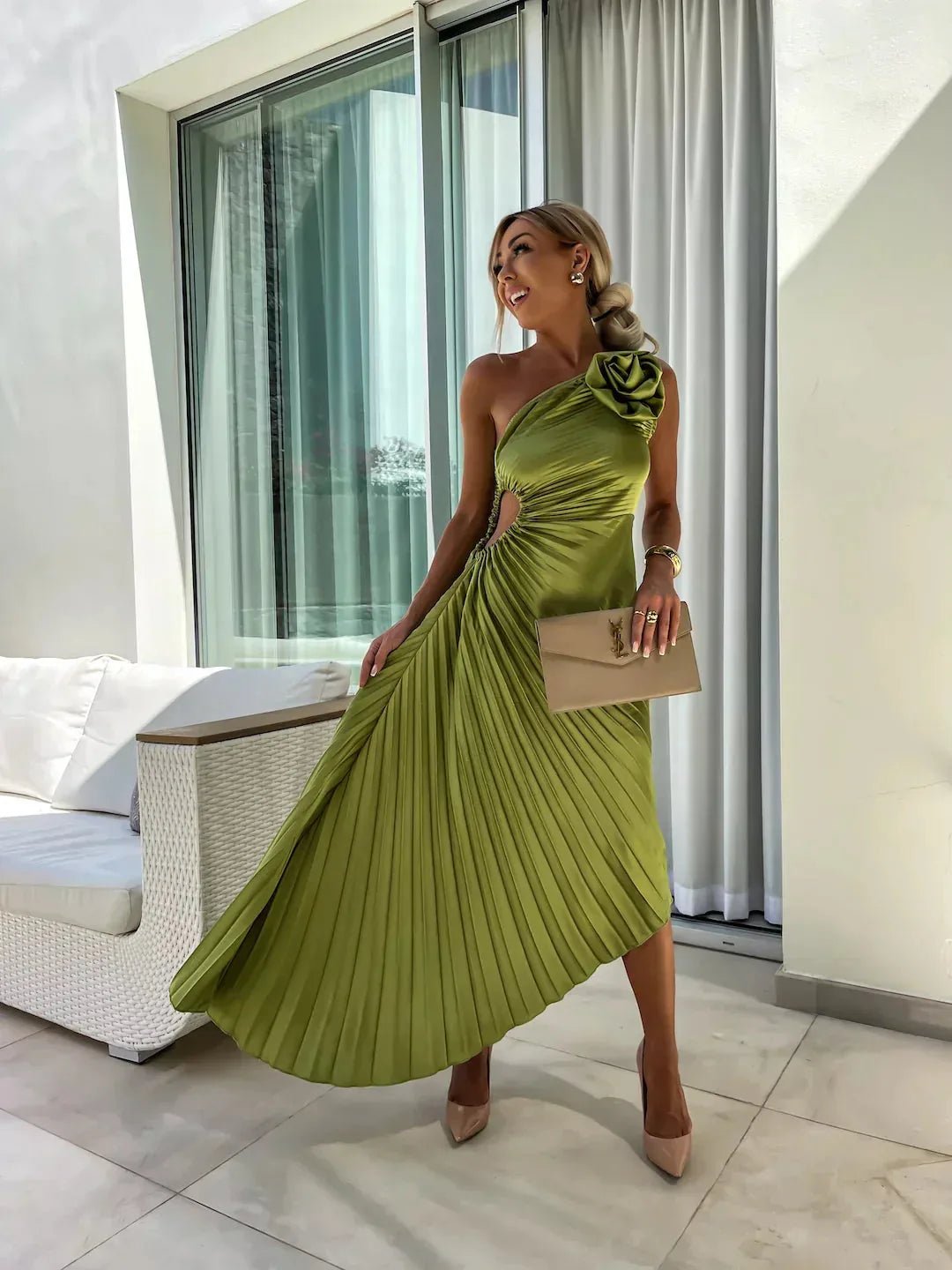 Nadia | Chic Black Tie Wedding Guest Dress One Shoulder Pleated - Green - 5