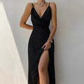 Celeste | Black Sleek V-Neck Wrap Bridesmaid Dresses with Slit