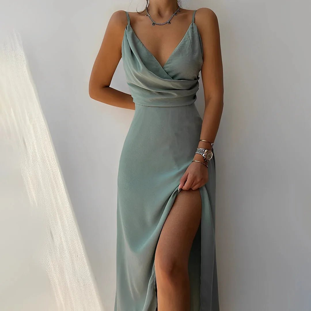 Celeste | Black Sleek V - Neck Wrap Bridesmaid Dresses with Slit - Light Green - 3