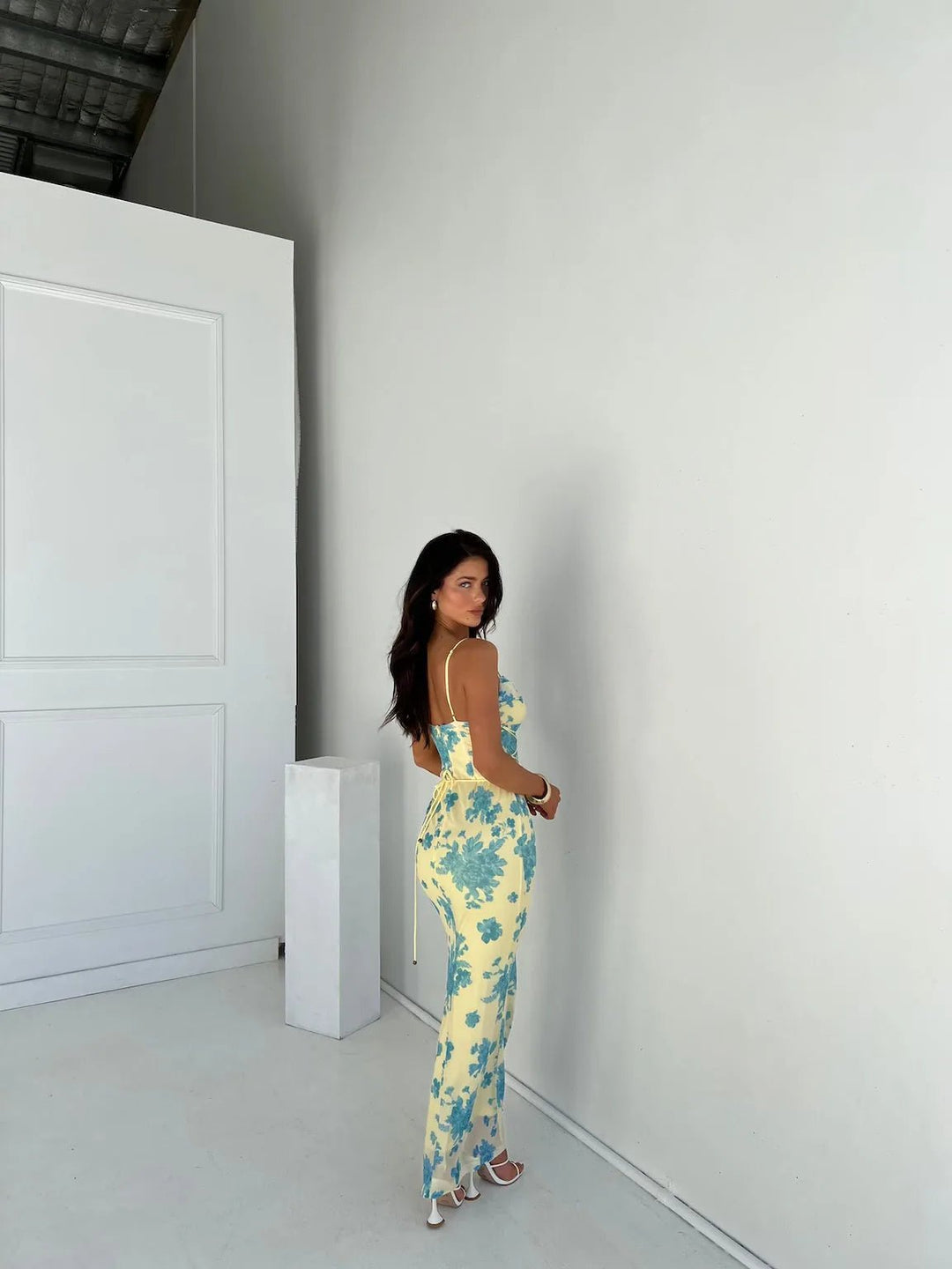 Thea | Chic Blue Floral Maxi Dress with Lace - Up Detail - Blue - 4