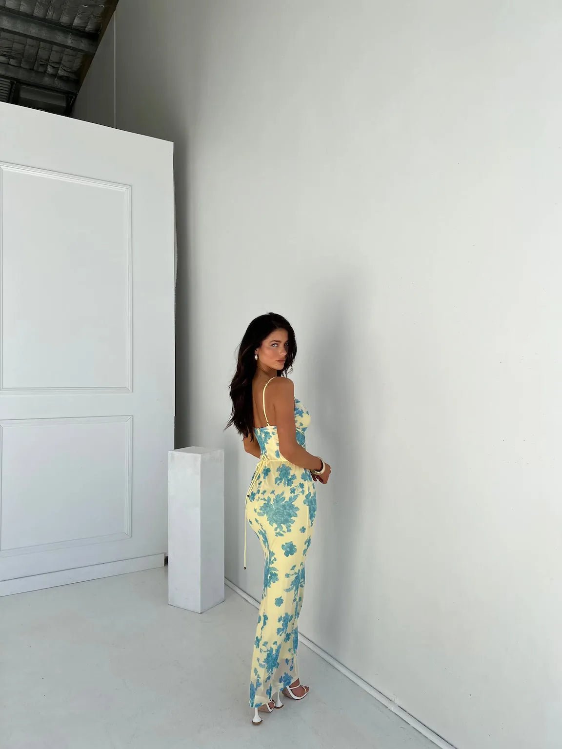 Thea | Chic Blue Floral Maxi Dress with Lace - Up Detail - Blue - 4