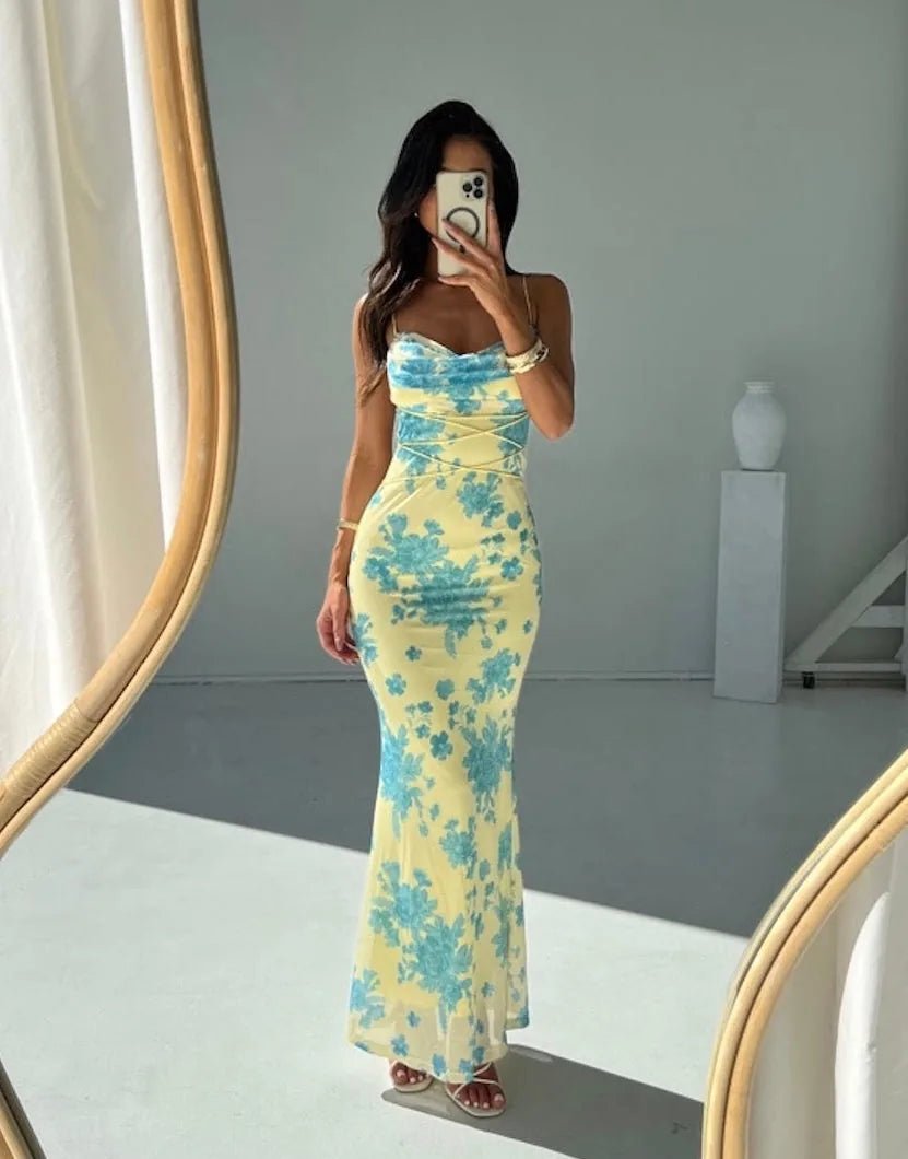 Thea | Chic Blue Floral Maxi Dress with Lace - Up Detail - Blue - 2