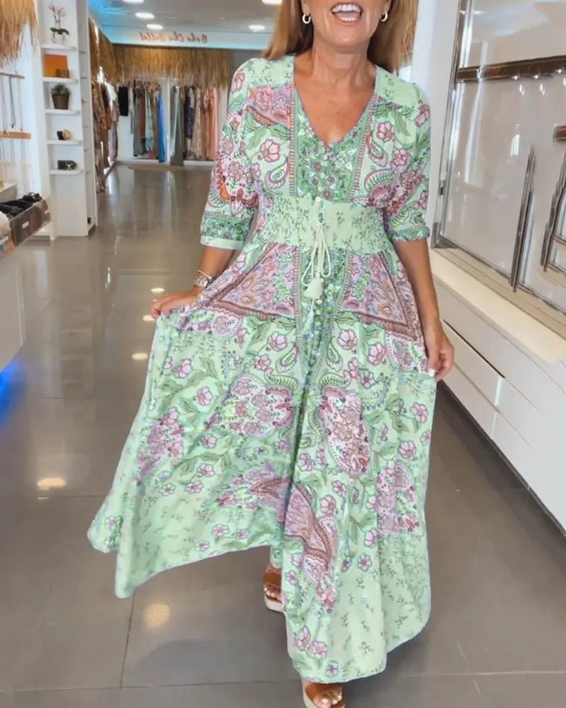 Ruby | Elegant Blue Paisley V - Neck Maxi Dress With Sleeves - Green - 13