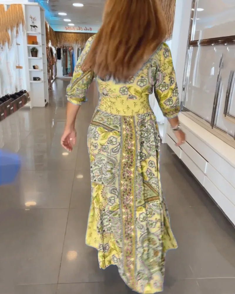 Ruby | Elegant Blue Paisley V - Neck Maxi Dress With Sleeves - Yellow - 18