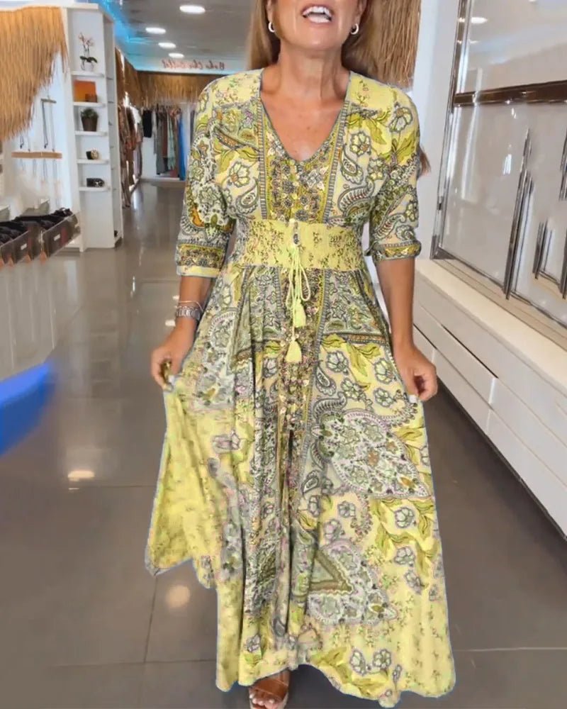 Ruby | Elegant Blue Paisley V - Neck Maxi Dress With Sleeves - Yellow - 17