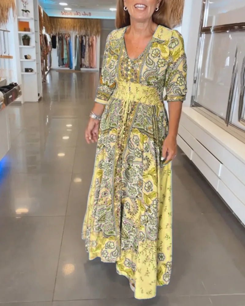 Ruby | Elegant Blue Paisley V - Neck Maxi Dress With Sleeves - Yellow - 20
