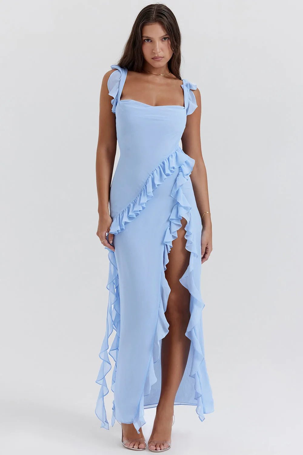 Sophia | Elegant Blue Ruffle Maxi Dress With Square Neck - Blue - 1