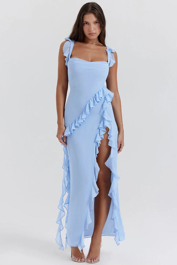 Sophia | Elegant Blue Ruffle Maxi Dress With Square Neck - Blue - 1