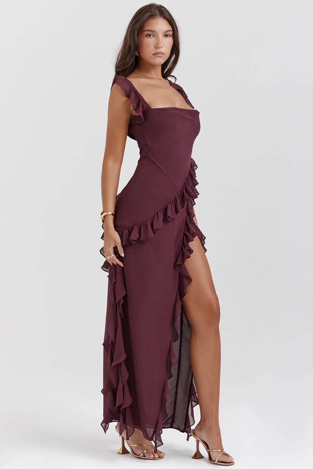 Sophia | Elegant Blue Ruffle Maxi Dress With Square Neck - Burgundy - 4