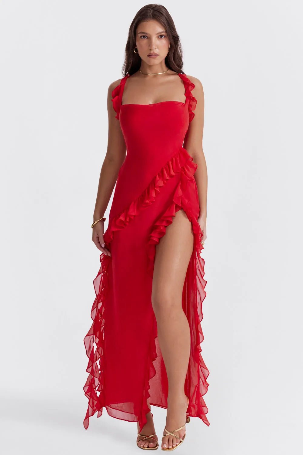 Sophia | Elegant Blue Ruffle Maxi Dress With Square Neck - Red - 7