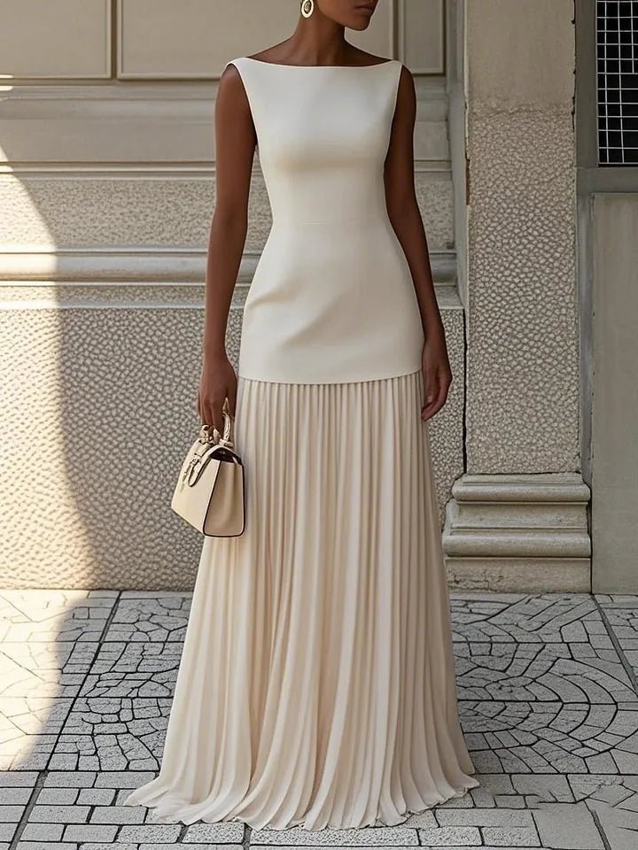 Lena | Elegant Blue Sleeveless Pleated Maxi Dress With Boat Neck - Cream - 4