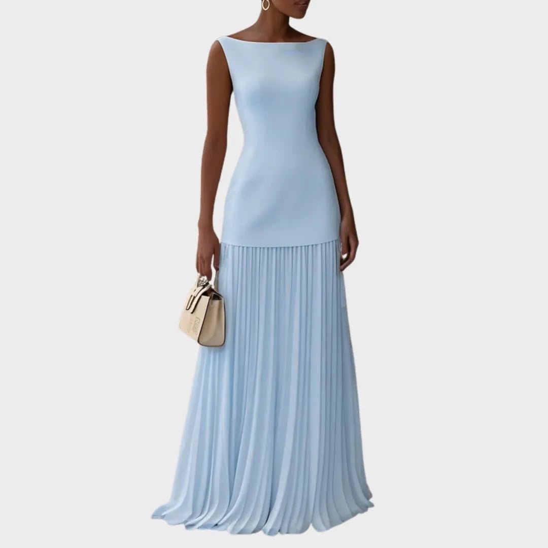 Lena | Elegant Blue Sleeveless Pleated Maxi Dress With Boat Neck - Light Blue - 1