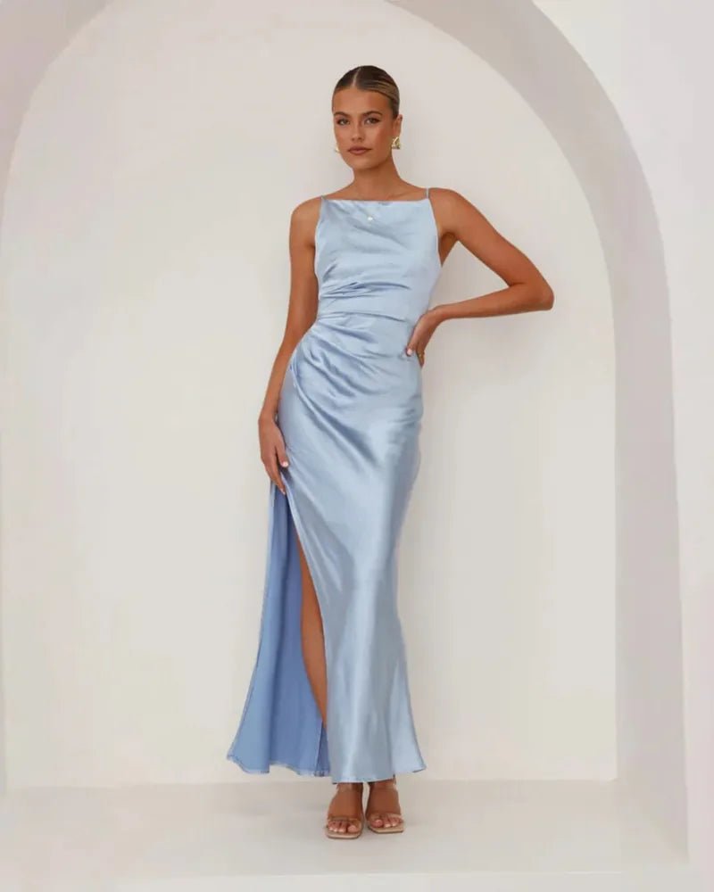 Rosie | Elegant Blue Sleeveless Ruched Satin Maxi Dress - Light Blue - 2