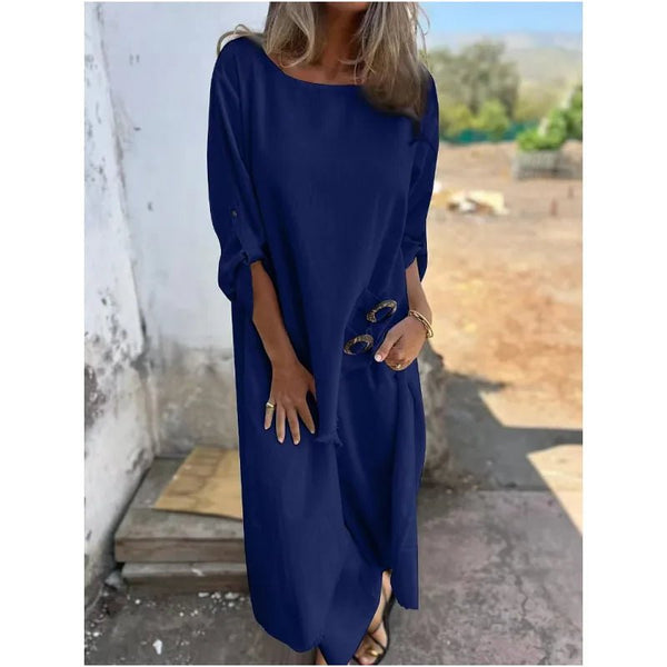 Naomi | Elegant Blue Maxi Dress With Three Quarter Sleeves - Navy Blue - 1