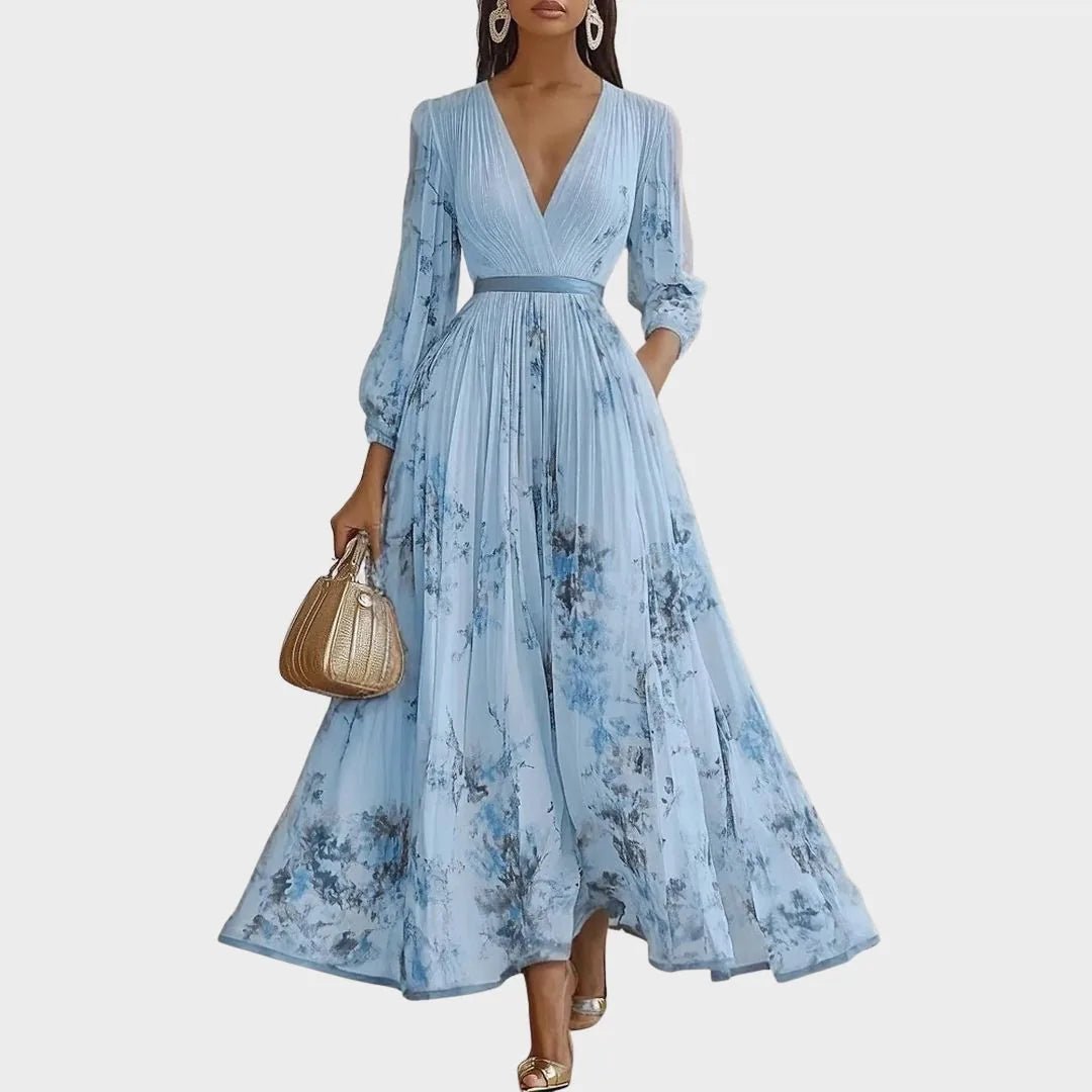 Elena | Elegant Blue V - Neck Pleated Floral Maxi Dress - Blue - 1
