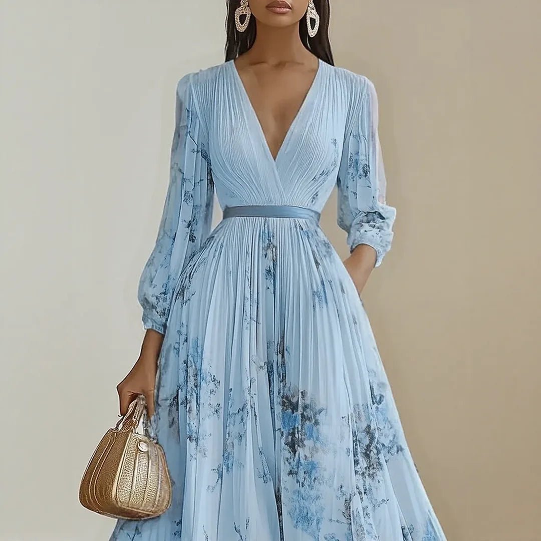 Elena | Elegant Blue V - Neck Pleated Floral Maxi Dress - Light Green - 10