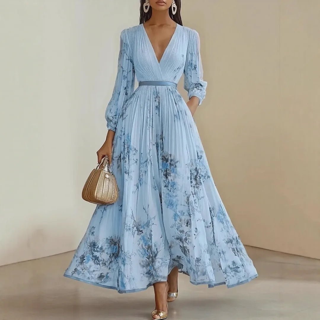 Elena | Elegant Blue V - Neck Pleated Floral Maxi Dress - Green - 5