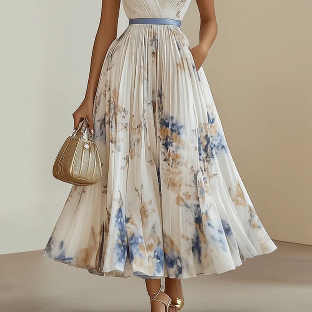 Elena | Elegant Blue V - Neck Pleated Floral Maxi Dress - Light Green - 9