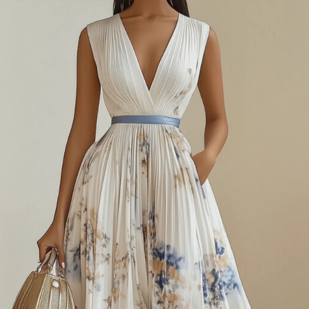Elena | Elegant Blue V - Neck Pleated Floral Maxi Dress - Light Green - 8