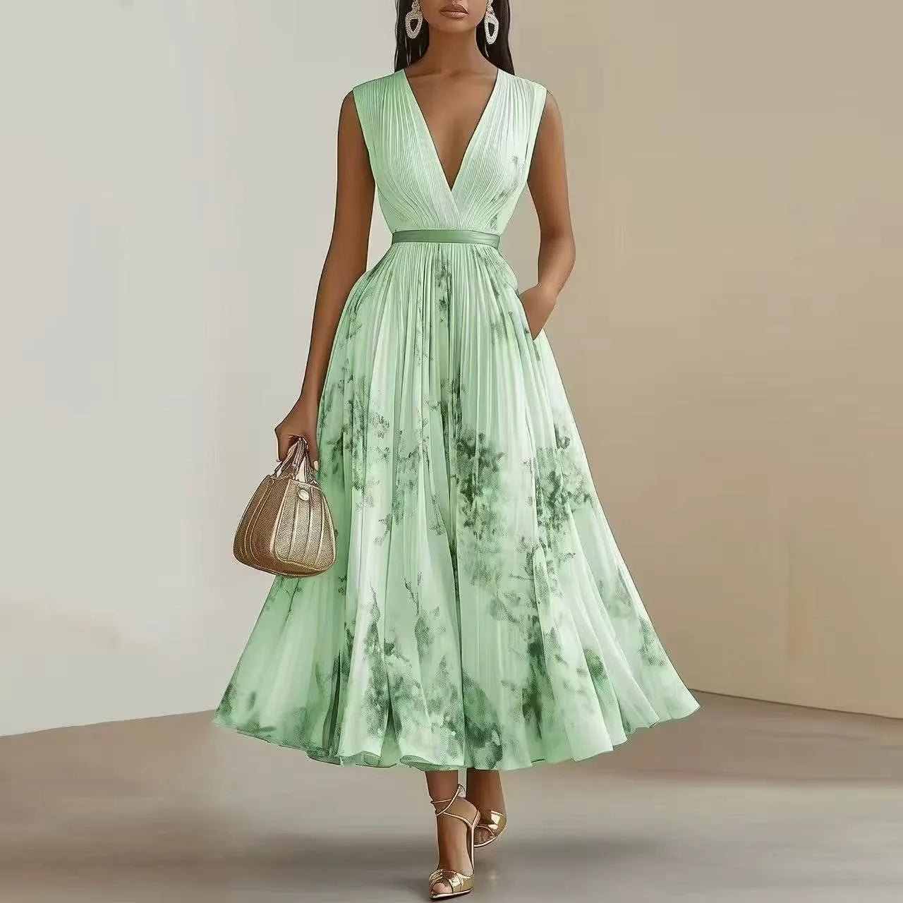 Elena | Elegant Blue V - Neck Pleated Floral Maxi Dress - Green - 4