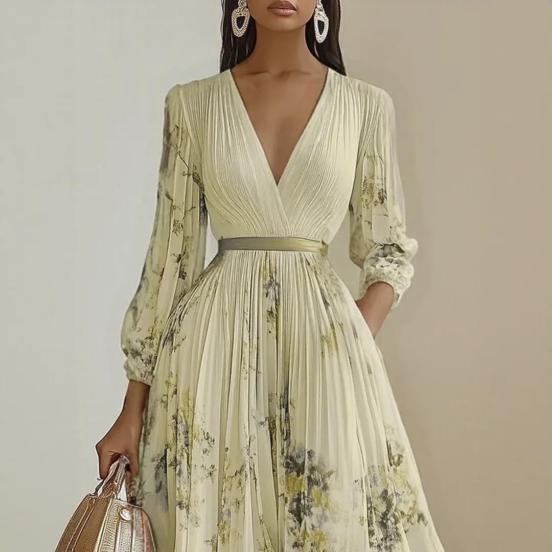 Elena | Elegant Blue V - Neck Pleated Floral Maxi Dress - Light Green - 14