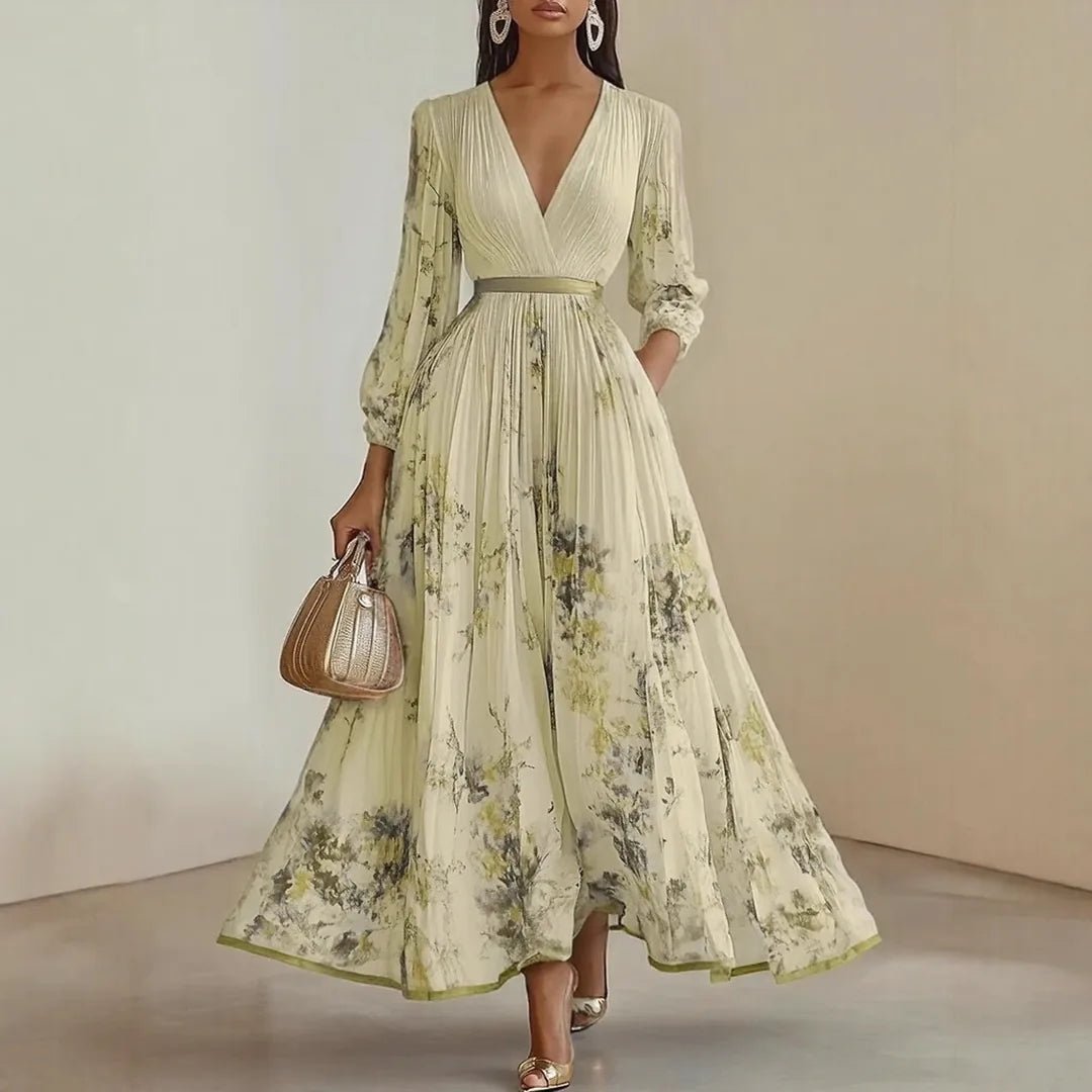 Elena | Elegant Blue V - Neck Pleated Floral Maxi Dress - Light Green - 6