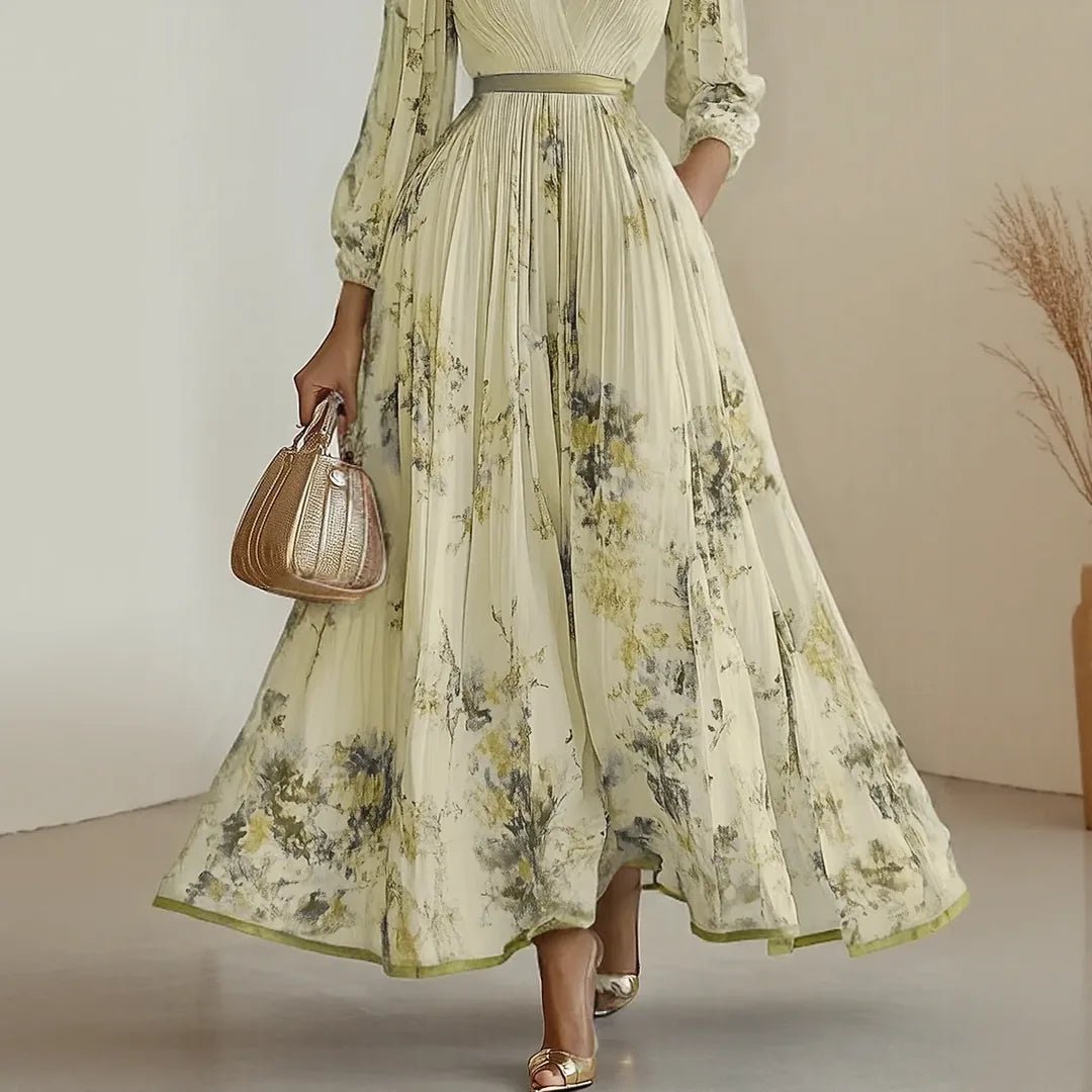 Elena | Elegant Blue V - Neck Pleated Floral Maxi Dress - Light Green - 15