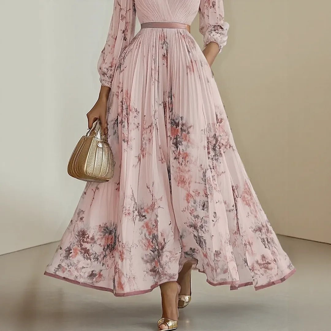 Elena | Elegant Blue V - Neck Pleated Floral Maxi Dress - Light Green - 12