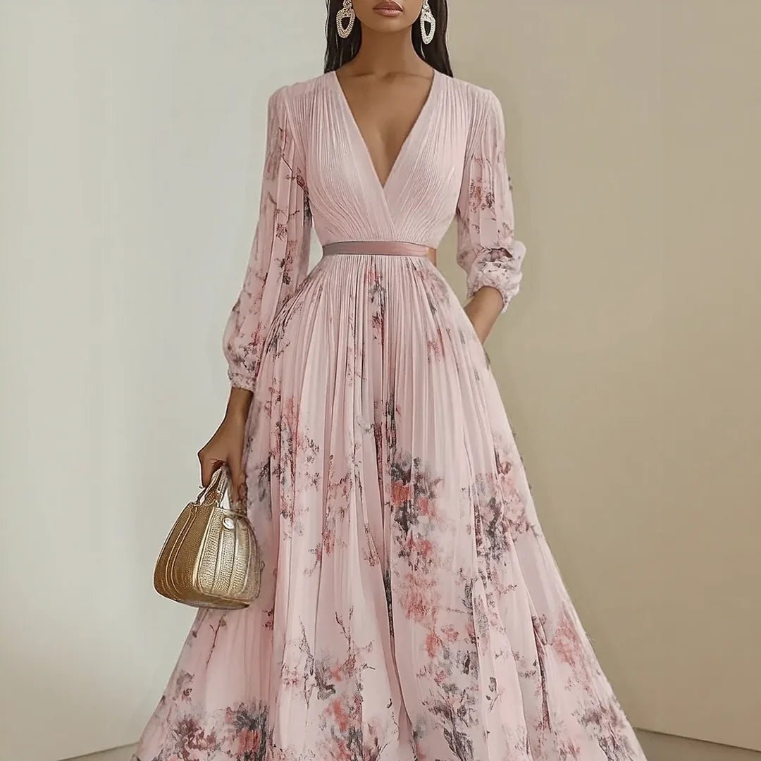 Elena | Elegant Blue V - Neck Pleated Floral Maxi Dress - Light Green - 13